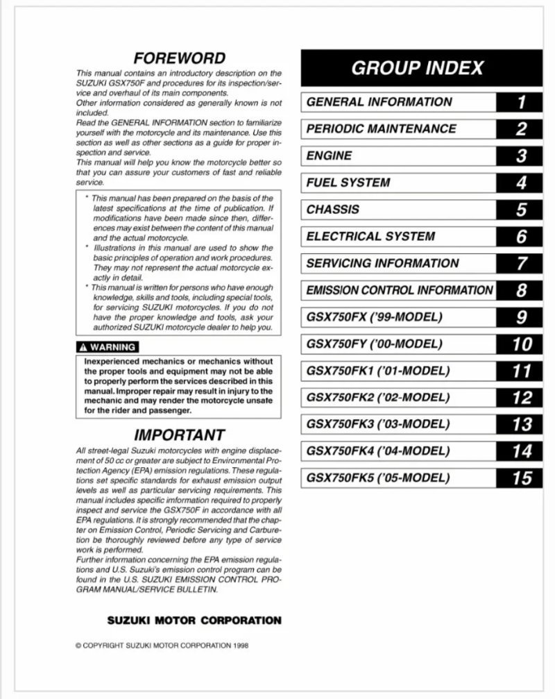 Manual de Taller Suzuki GSX750F 1999 a 2005 - Imagen 2