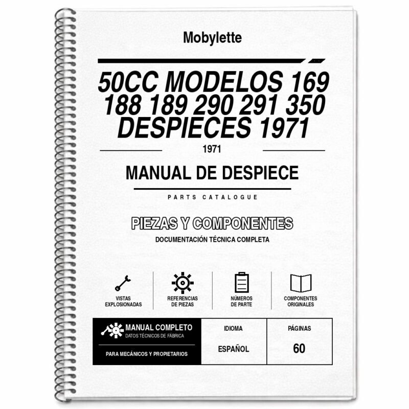 Portada de Despiece Mobylette 50CC Modelos 169 188 189 290 291 350 Despieces 1971