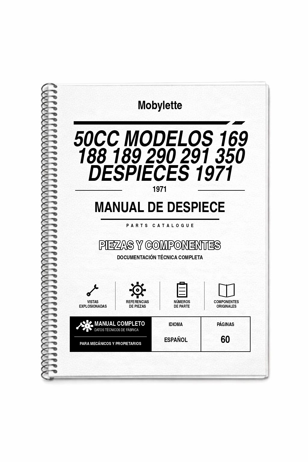Portada de Despiece Mobylette 50CC Modelos 169 188 189 290 291 350 Despieces 1971