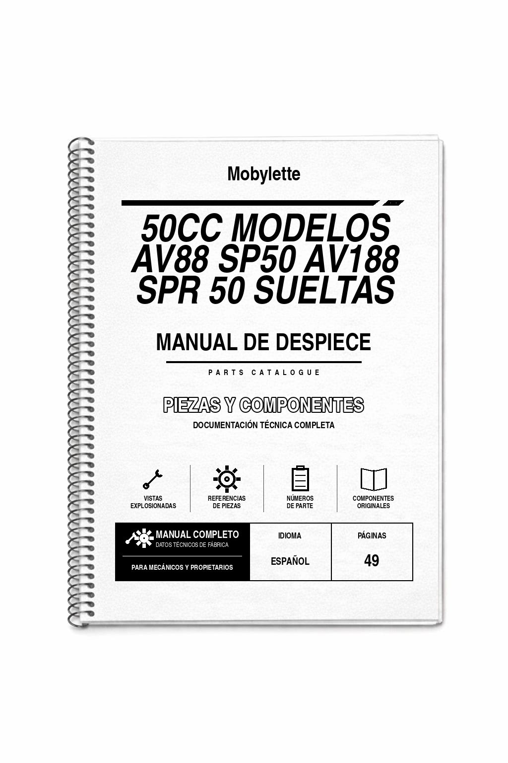Portada de Despiece Mobylette 50CC Modelos AV88 SP50 AV188 SPR 50 Sueltas