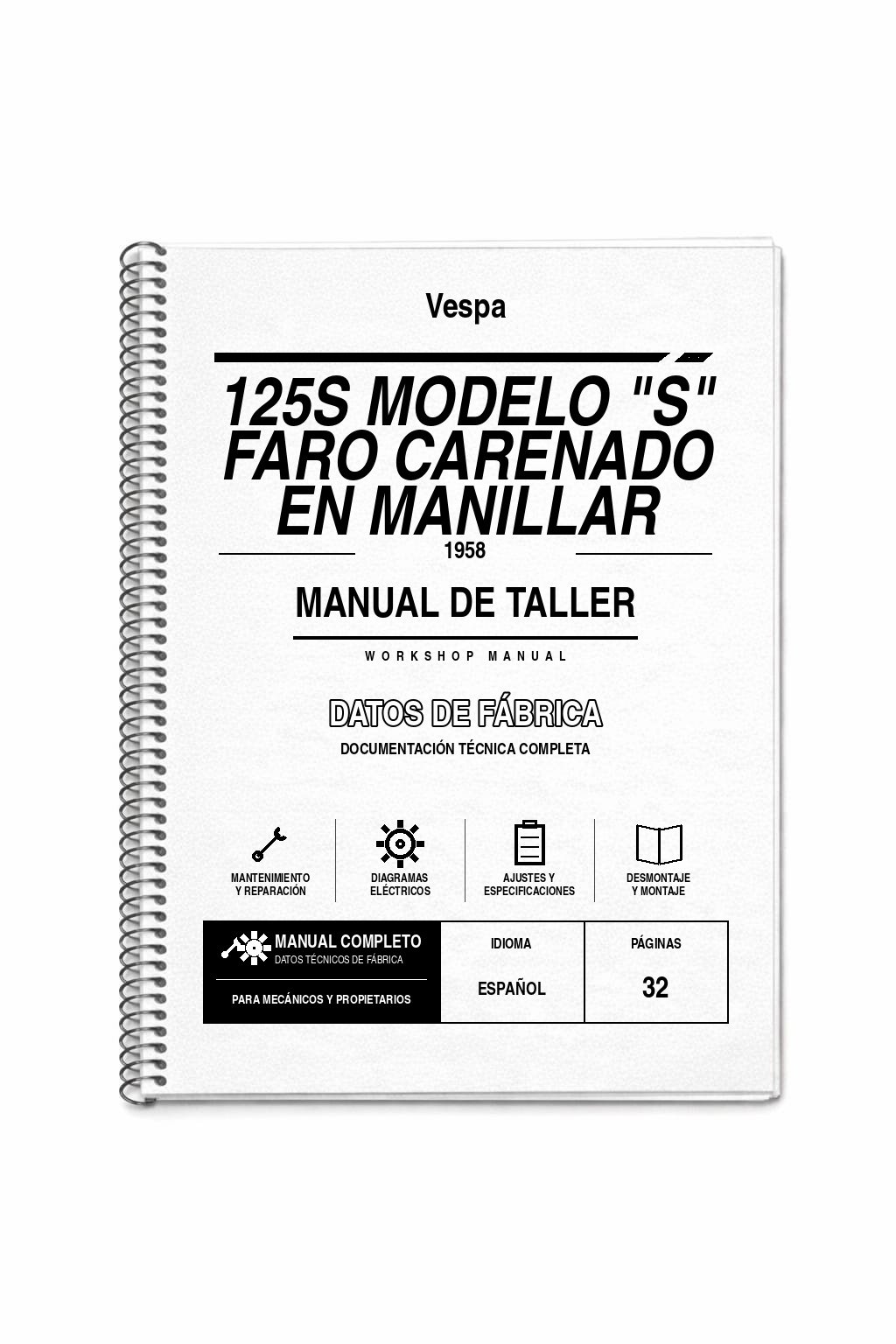 Portada de Manual de Taller Vespa 125S Modelo «S» FARO Carenado en Manillar (1958)