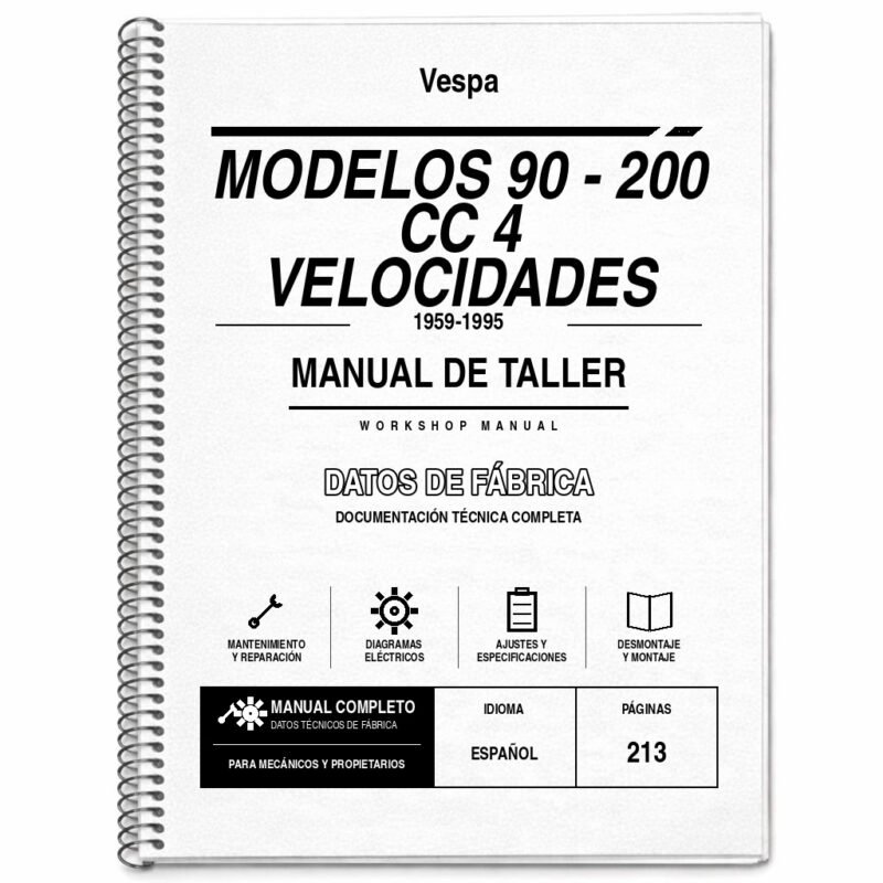 Portada de Manual de Taller Vespa Modelos 90 – 200 CC 4 Velocidades (1959-1995)