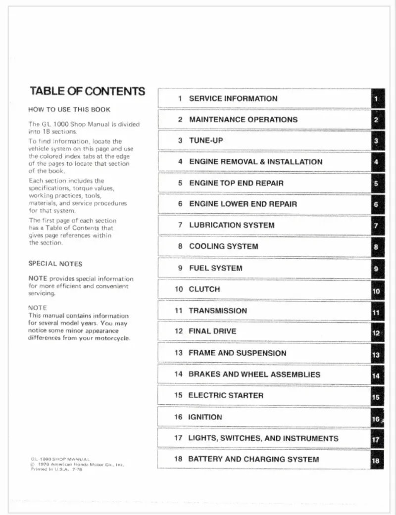 Manual de Taller Honda Gold Wing GL1000 1978 - Imagen 2