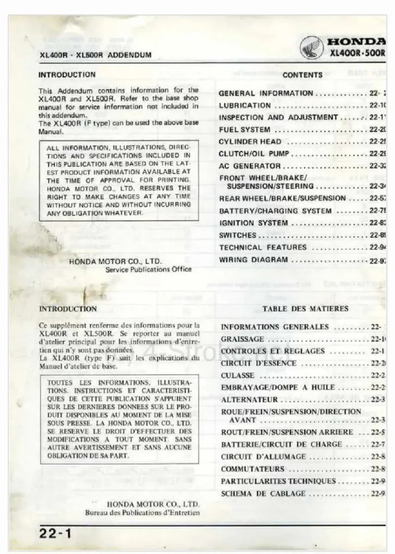 Manual de Taller Honda XL400R XL500R 1982 - Imagen 2
