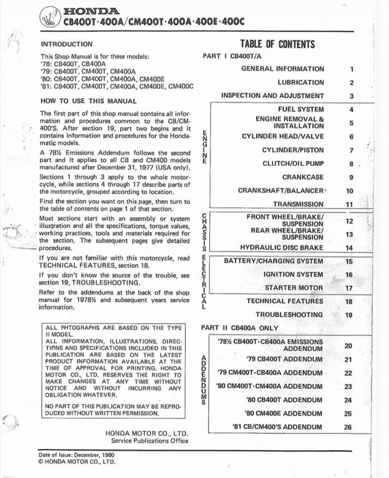 Manual de Taller Honda CB/CM400's 1978-1981 - Imagen 2