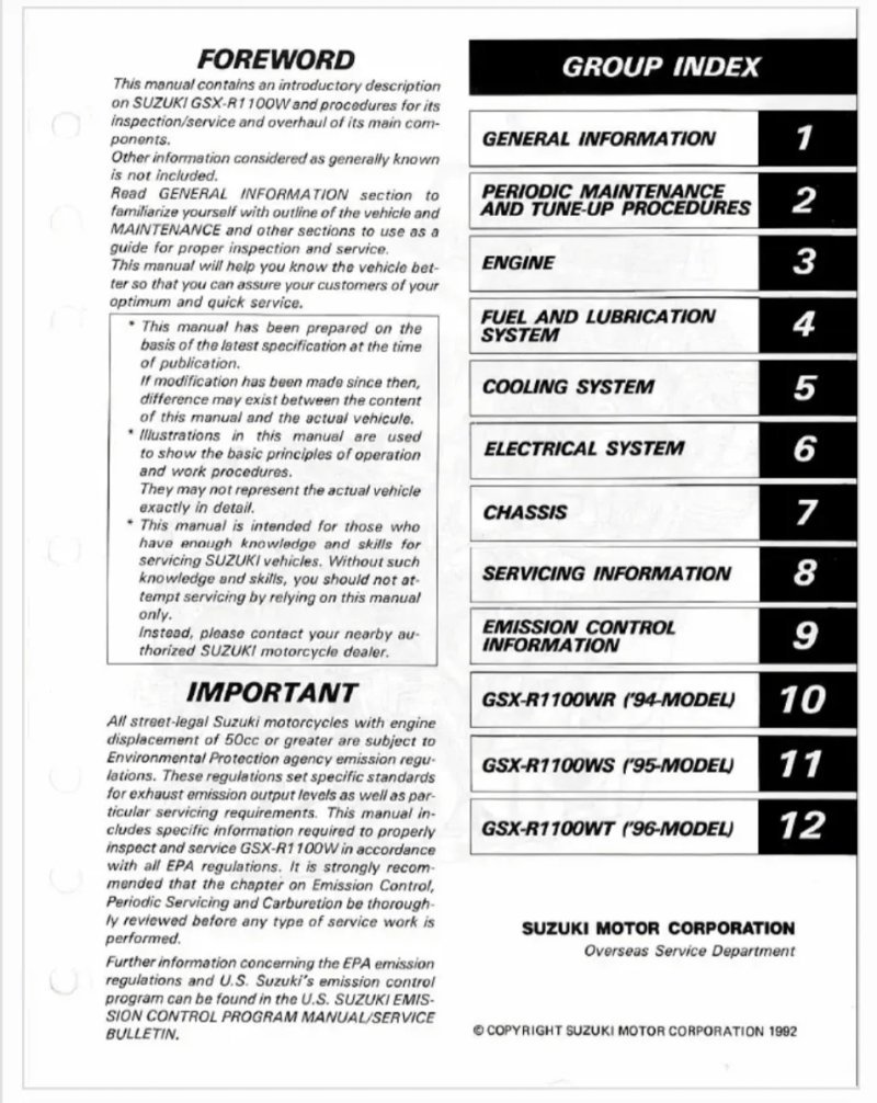 Manual de Taller Suzuki GXR1100W 1993-1996 - Imagen 2